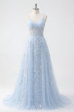 Blue A Line Sequin Corset Appliqued Long Formal Dress