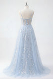 Blue A Line Sequin Corset Appliqued Long Formal Dress