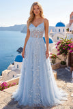 Blue A Line Sequin Corset Appliqued Long Formal Dress
