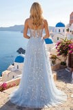 Blue A Line Sequin Corset Appliqued Long Formal Dress