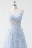 Blue A Line Sequin Corset Appliqued Long Formal Dress