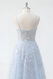 Blue A Line Sequin Corset Appliqued Long Formal Dress