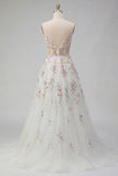 White A Line Sequin Long Wedding Dress with 3D Flowers