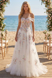 Sparkly White Beaded Off the Shoulder Floral Corset A Line Long Wedding Dress