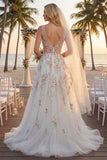 White A Line Sequin Long Wedding Dress with 3D Flowers