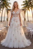 White A Line Sequin Long Wedding Dress with 3D Flowers