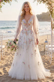 White Floral Ruched V-Neck A Line Long Sleeves Wedding Dress