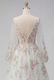 White Floral Ruched V-Neck A Line Long Sleeves Wedding Dress