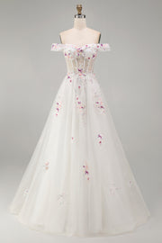 Sparkly White Beaded Off the Shoulder Floral Corset A Line Long Wedding Dress