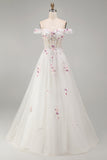 Sparkly White Beaded Off the Shoulder Floral Corset A Line Long Wedding Dress