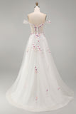 Sparkly White Beaded Off the Shoulder Floral Corset A Line Long Wedding Dress