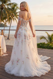 Sparkly White Beaded Off the Shoulder Floral Corset A Line Long Wedding Dress
