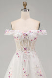 Sparkly White Beaded Off the Shoulder Floral Corset A Line Long Wedding Dress