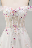 Sparkly White Beaded Off the Shoulder Floral Corset A Line Long Wedding Dress