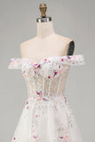 Sparkly White Beaded Off the Shoulder Floral Corset A Line Long Wedding Dress