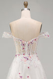 Sparkly White Beaded Off the Shoulder Floral Corset A Line Long Wedding Dress