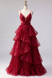 Sparkly Burgundy Spaghetti Straps A Line Long Beaded Formal Dress with Ruffles
