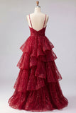 Sparkly Burgundy Spaghetti Straps A Line Long Beaded Formal Dress with Ruffles