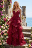 Sparkly Burgundy Spaghetti Straps A Line Long Beaded Formal Dress with Ruffles