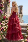 Sparkly Burgundy Spaghetti Straps A Line Long Beaded Formal Dress with Ruffles