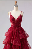 Sparkly Burgundy Spaghetti Straps A Line Long Beaded Formal Dress with Ruffles