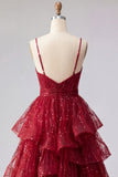 Sparkly Burgundy Spaghetti Straps A Line Long Beaded Formal Dress with Ruffles