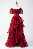 Sparkly Burgundy Puff Sleeves A Line Beaded Long Corset Formal Dress with Ruffles