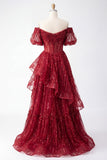 Sparkly Burgundy Puff Sleeves A Line Beaded Long Corset Formal Dress with Ruffles