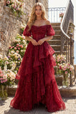 Sparkly Burgundy Puff Sleeves A Line Beaded Long Corset Formal Dress with Ruffles