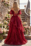Sparkly Burgundy Puff Sleeves A Line Beaded Long Corset Formal Dress with Ruffles