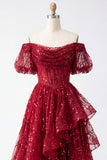 Sparkly Burgundy Puff Sleeves A Line Beaded Long Corset Formal Dress with Ruffles