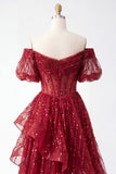 Sparkly Burgundy Puff Sleeves A Line Beaded Long Corset Formal Dress with Ruffles