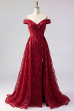 Sparkly Burgundy Off the Shoulder A Line Beaded Long Formal Dress with Cape