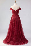 Sparkly Burgundy Off the Shoulder A Line Beaded Long Formal Dress with Cape