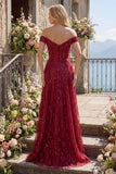 Sparkly Burgundy Off the Shoulder A Line Beaded Long Formal Dress with Cape