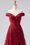 Sparkly Burgundy Off the Shoulder A Line Beaded Long Formal Dress with Cape