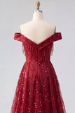 Sparkly Burgundy Off the Shoulder A Line Beaded Long Formal Dress with Cape