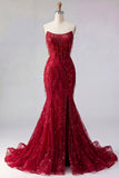 Sparkly Burgundy Mermaid Long Beaded Formal Dress with Slit