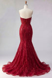 Sparkly Burgundy Mermaid Long Beaded Formal Dress with Slit
