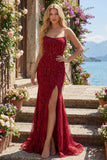 Sparkly Burgundy Mermaid Long Beaded Formal Dress with Slit