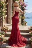 Sparkly Burgundy Mermaid Long Beaded Formal Dress with Slit