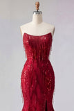Sparkly Burgundy Mermaid Long Beaded Formal Dress with Slit