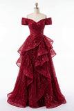 Sparkly Burgundy Off the Shoulder Sequin Ruched Long Formal Dress with Ruffles