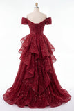 Sparkly Burgundy Off the Shoulder Sequin Ruched Long Formal Dress with Ruffles