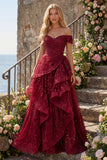 Sparkly Burgundy Off the Shoulder Sequin Ruched Long Formal Dress with Ruffles