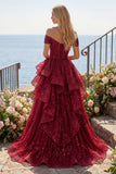 Sparkly Burgundy Off the Shoulder Sequin Ruched Long Formal Dress with Ruffles