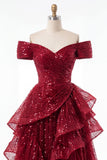 Sparkly Burgundy Off the Shoulder Sequin Ruched Long Formal Dress with Ruffles