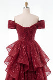 Sparkly Burgundy Off the Shoulder Sequin Ruched Long Formal Dress with Ruffles
