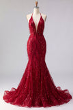 Sparkly Burgundy Halter Backless Mermaid Long Beaded Formal Dress with Fringes
