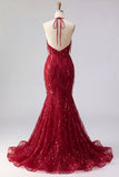 Sparkly Burgundy Halter Backless Mermaid Long Beaded Formal Dress with Fringes
